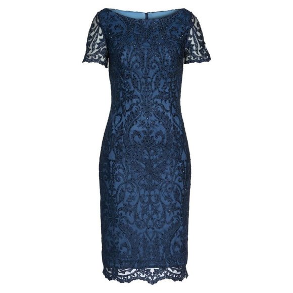 LA FEMME Navy Blue Beaded Crystal Lace Cocktail Dress Navy Blue 8 NEW $478 - Picture 5 of 12